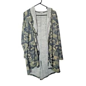 Emilia Olive Green Gray Camo Open Cardigan Hoodie Sweater Womans Size Medium